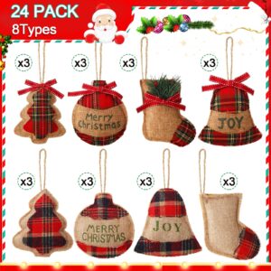 24 Pcs Burlap Christmas Ornaments 2022 Set Mini Stockings Funny Christmas Tree Ornaments Rustic Christmas Decorations Red Plaid Tartan Hanging Decoration Stocking Ball Tree Bell, 8 Styles (Rustic)