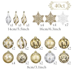 Valery Madelyn Hanging Ornament, 40ct White and Gold Shatterproof Christmas Ball Ornaments, Plastic, for Christmas Trees