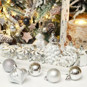 Sea Team 77-Pack Assorted Shatterproof Christmas Balls Christmas Ornaments Set Decorative Baubles Pendants with Reusable Hand-held Gift Package for Xmas Tree (Silver)