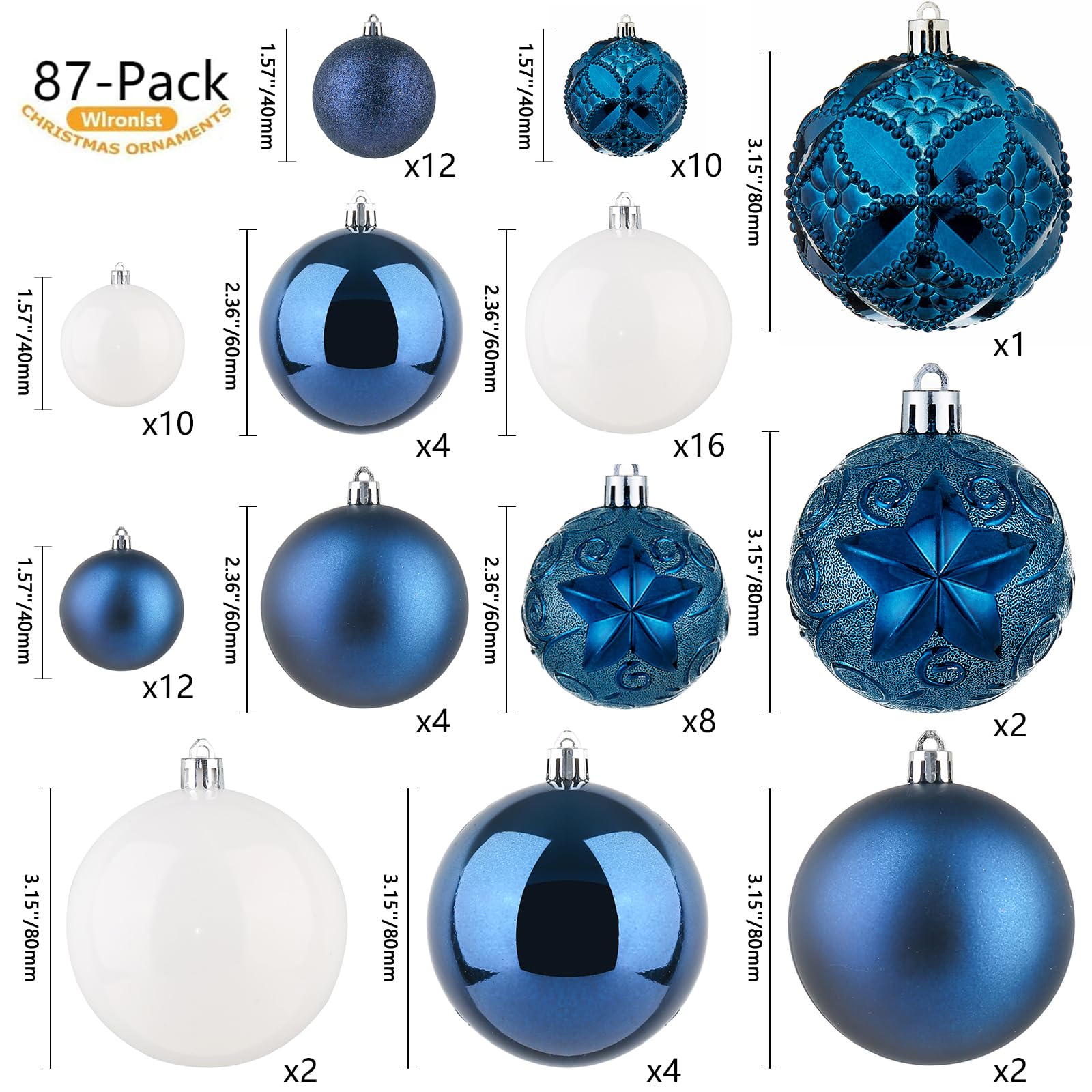 87-Pack Shatterproof Christmas Ball Ornaments Set, Christmas Tree Decorations with Hand-held Gift Package for Xmas Tree Holiday Wedding Party (Blue)