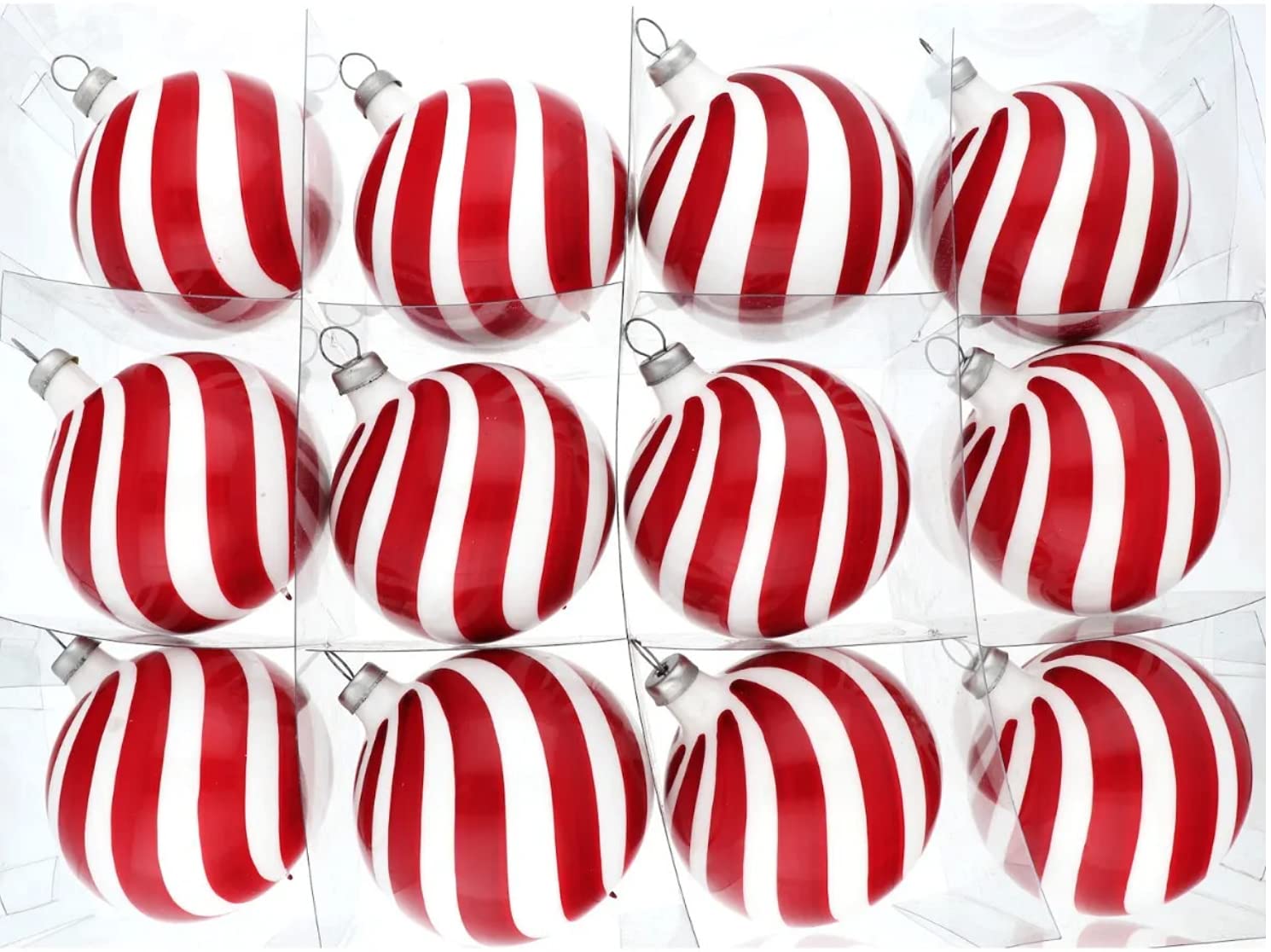 Christmas Ornaments | Made of Glass | Crafted by Hand | Peppermint Red and White Candy Style Decor | Ideal with Christmas Lights | Christmas Tree Decorations | Set 12 pcs | 2.4in (6cm) diameter