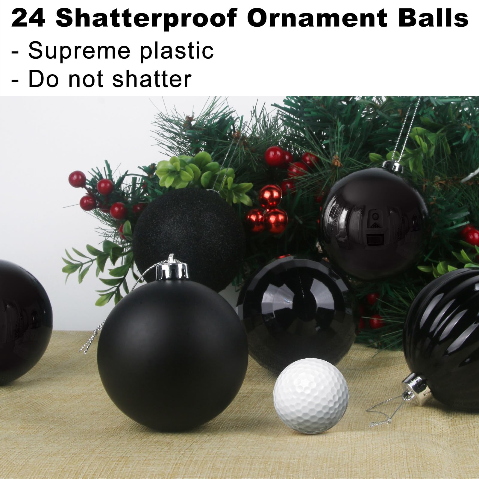 Black 3.2" Large Christmas Balls - Christmas Tree Decoration Ornaments Shatterproof Hanging Balls for Birthday Halloween Holiday Wedding Decorations Set of 24pcs