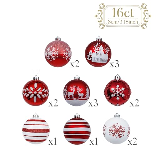 Valery Madelyn Christmas Tree Decorations Set, 16ct Red and White Shatterproof Christmas Ball Ornaments Bulk, 3.15 Inch Traditional Hanging Ornaments for Christmas Trees Xmas Holiday Party Decor