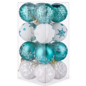 piiduoo christmas balls ornaments for xmas tree - small shatterproof christmas tree decorations white teal balls ornament plastic, 2.36 inches | 60mm, set 16pcs