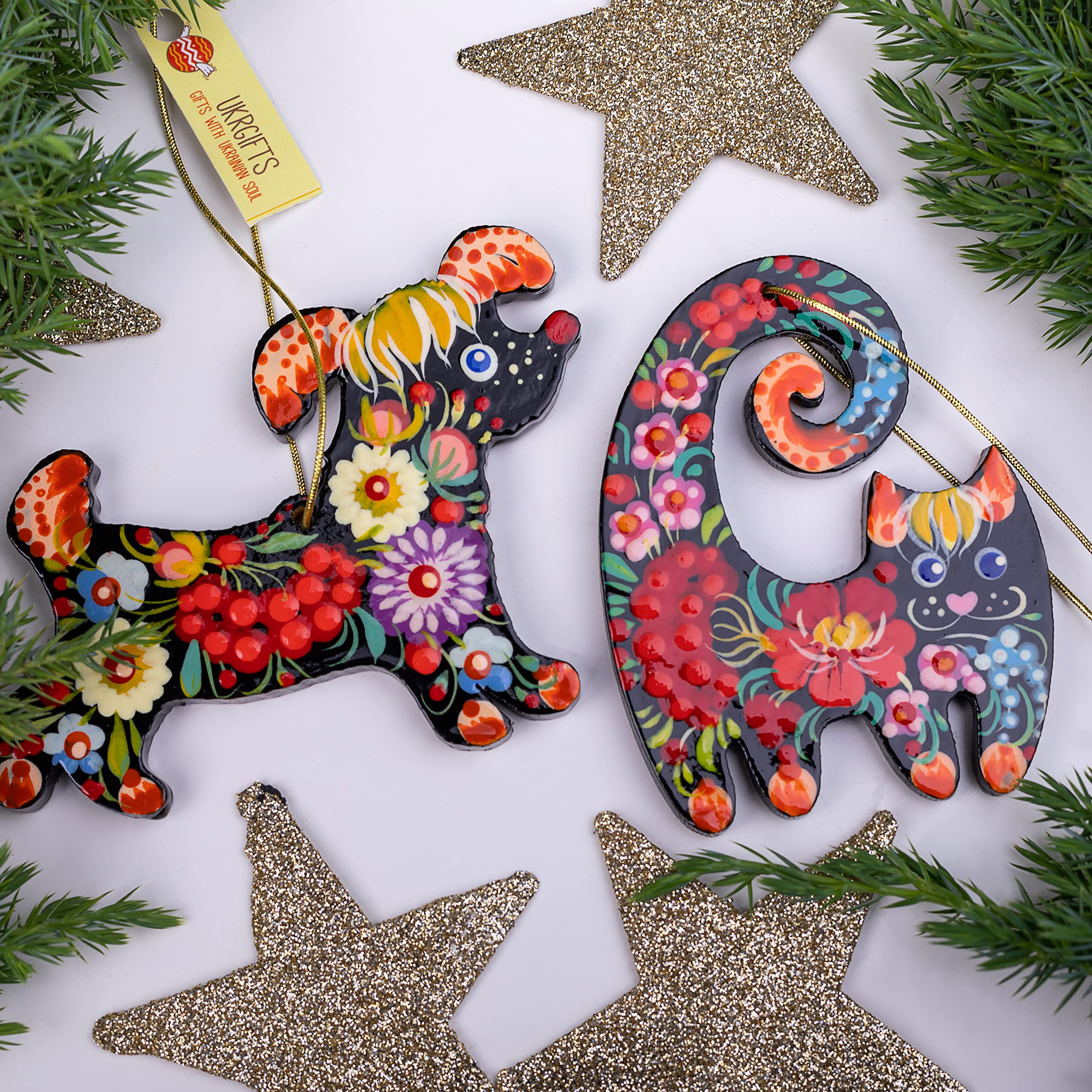 Funny Pets Christmas Decorations Cat and Dog Christmas Tree Ornaments Set 2 pcs Wooden Hand-Painted 3.3 x 2.8 x 0,2 inches. Children Animal Christmas Tree Ornaments Ukrainian Folk Art (Black)