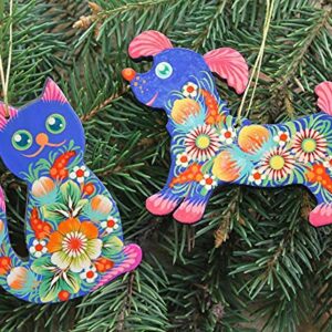 Funny Pets Christmas Decorations Cat and Dog Christmas Tree Ornaments Set 2 pcs Wooden Hand-Painted 3.3 x 2.8 x 0,2 inches. Children Animal Christmas Tree Ornaments Ukrainian Folk Art (Blue)