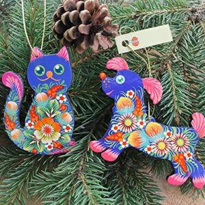 Funny Pets Christmas Decorations Cat and Dog Christmas Tree Ornaments Set 2 pcs Wooden Hand-Painted 3.3 x 2.8 x 0,2 inches. Children Animal Christmas Tree Ornaments Ukrainian Folk Art (Blue)