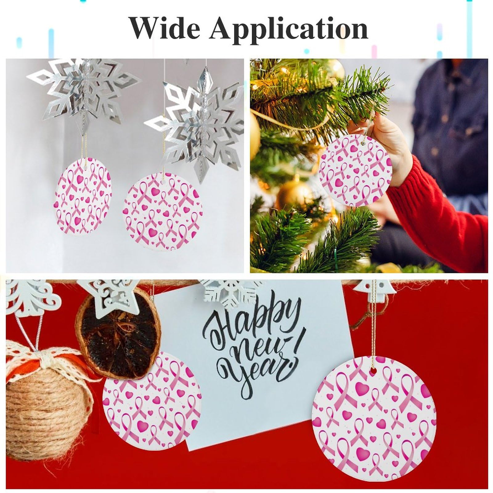 Breast Cancer Pink Ribbon Christmas Decorations Round Ceramic Hanging Ornament Xmas Decor for Christmas Tree Party