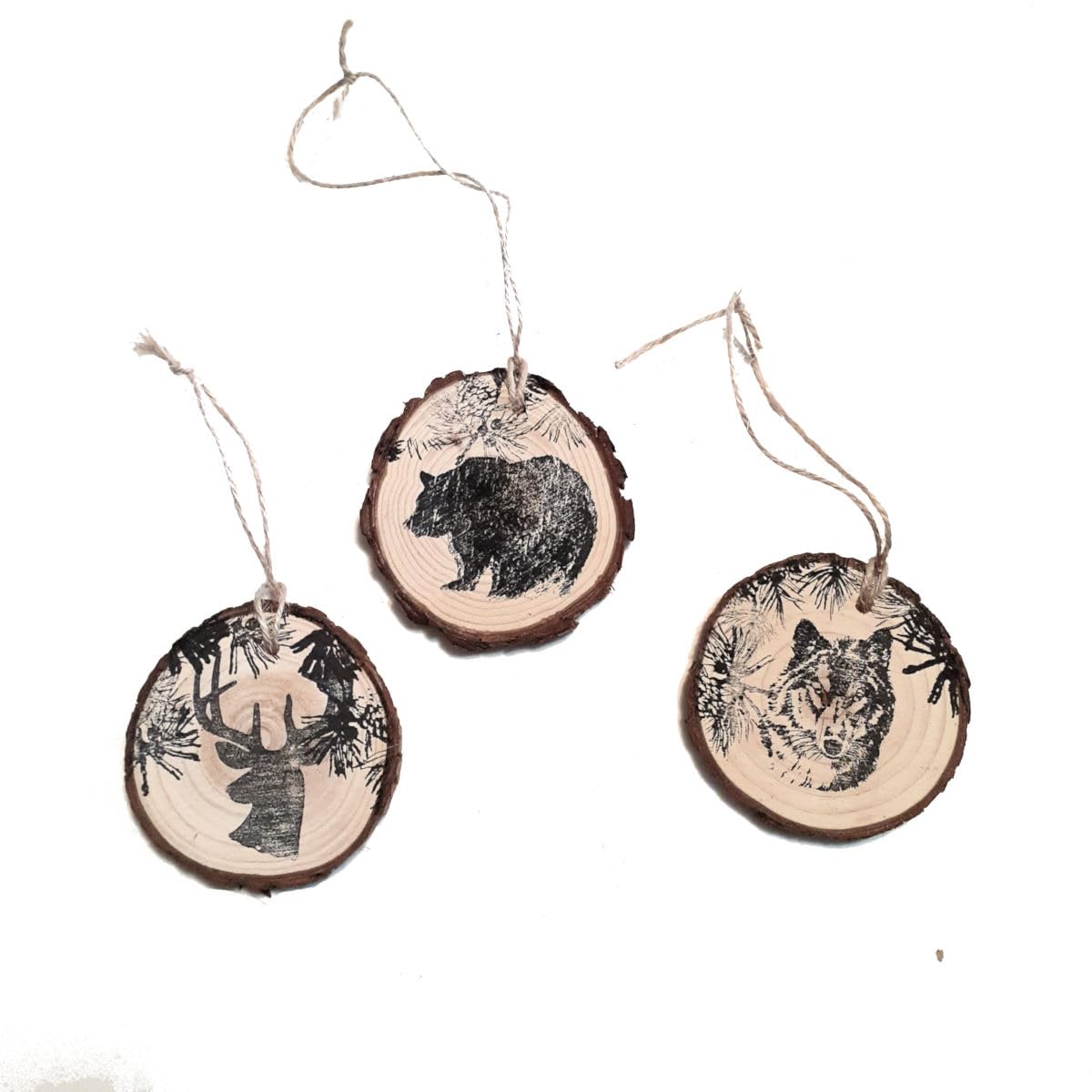 set of 3 Rustic Wood Slice Wildlife Christmas tree ornaments - appx 3 inch diameter, Country, Cabin Holiday Decorations. Wolf, Bear and Deer