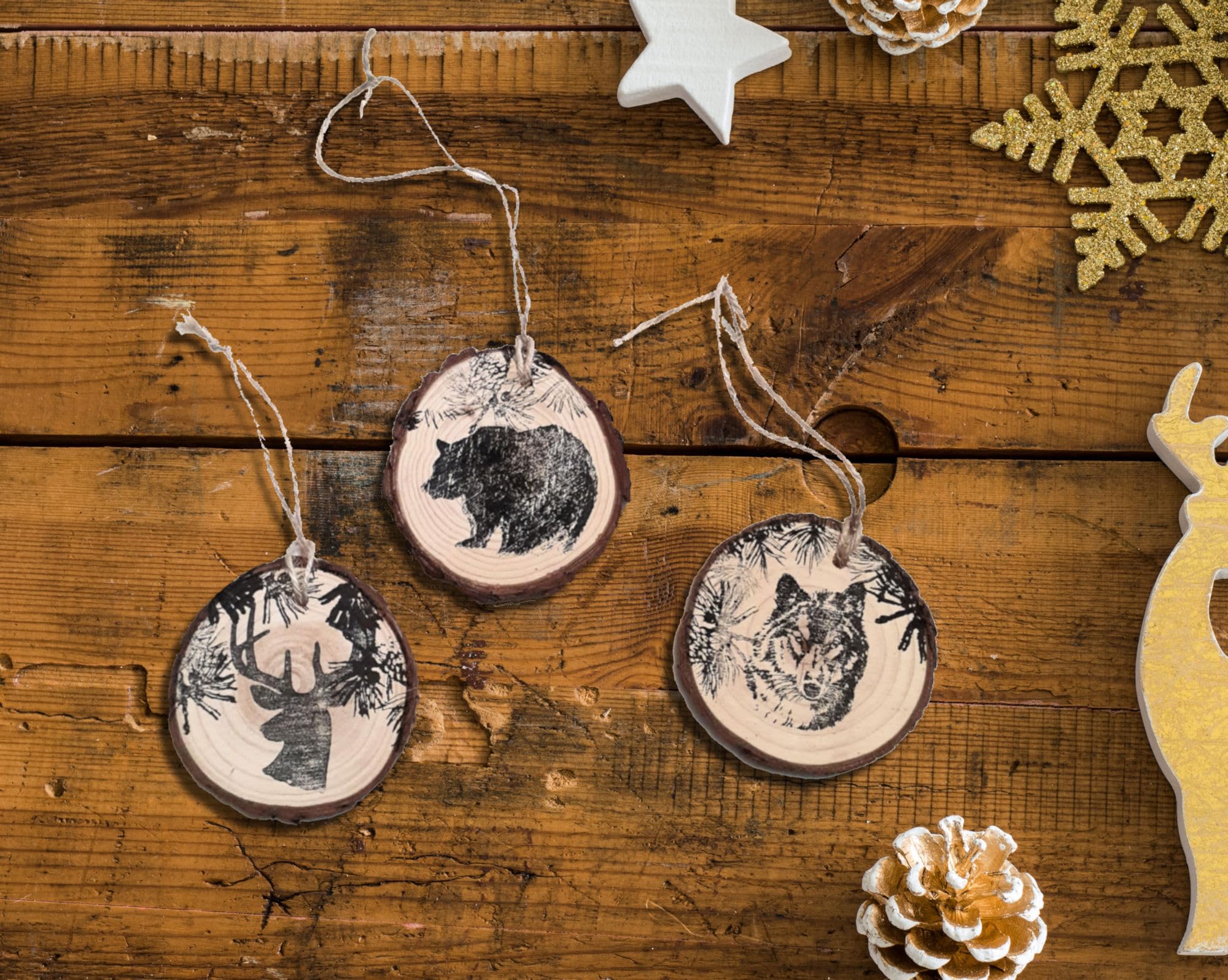 set of 3 Rustic Wood Slice Wildlife Christmas tree ornaments - appx 3 inch diameter, Country, Cabin Holiday Decorations. Wolf, Bear and Deer