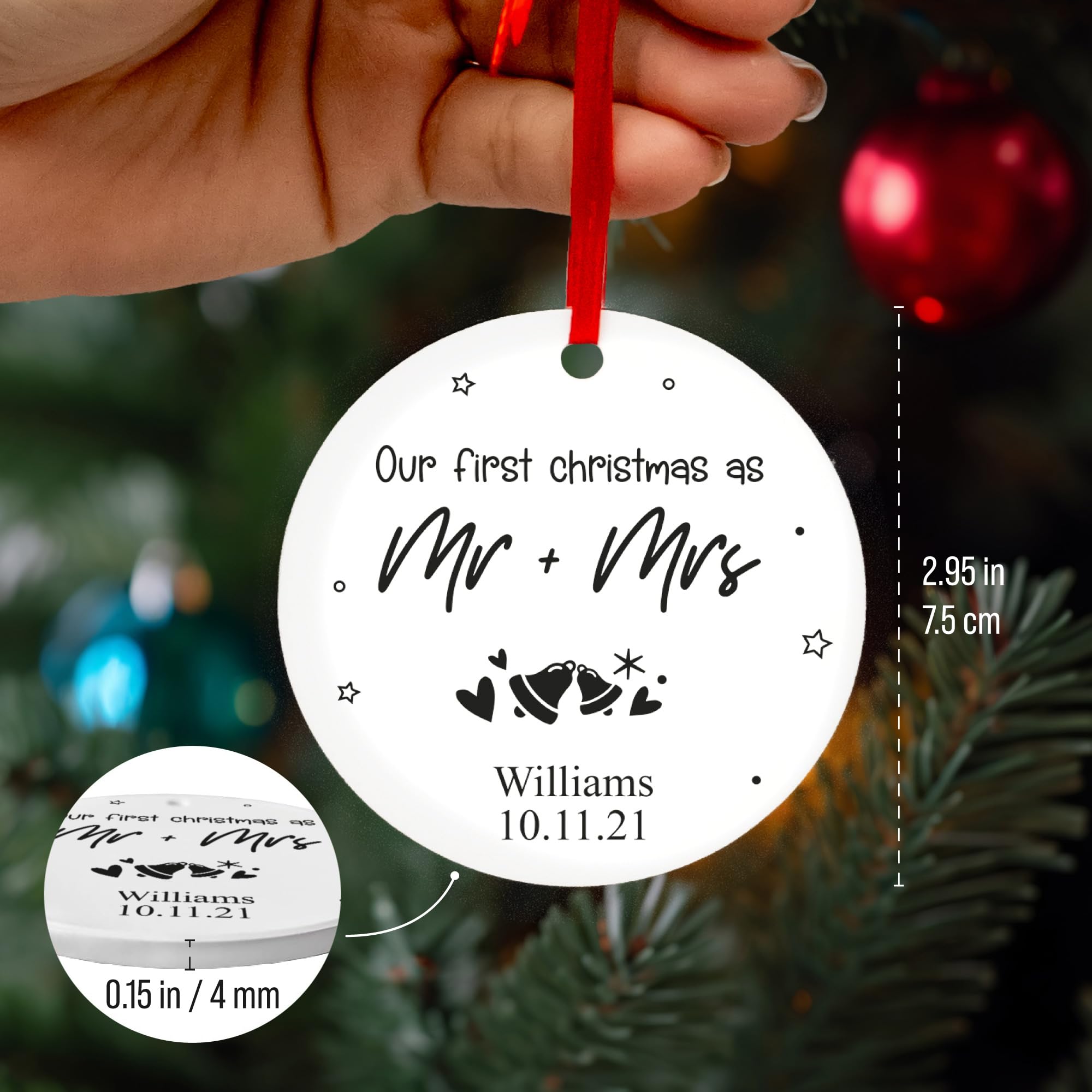 Custom christmas Mr & Mrs ornament for holiday, personalized ceramic just married name baubles gifts for home tree decoration, christmas bauble, keepsake xmas gift for couples (Mr and Mrs)