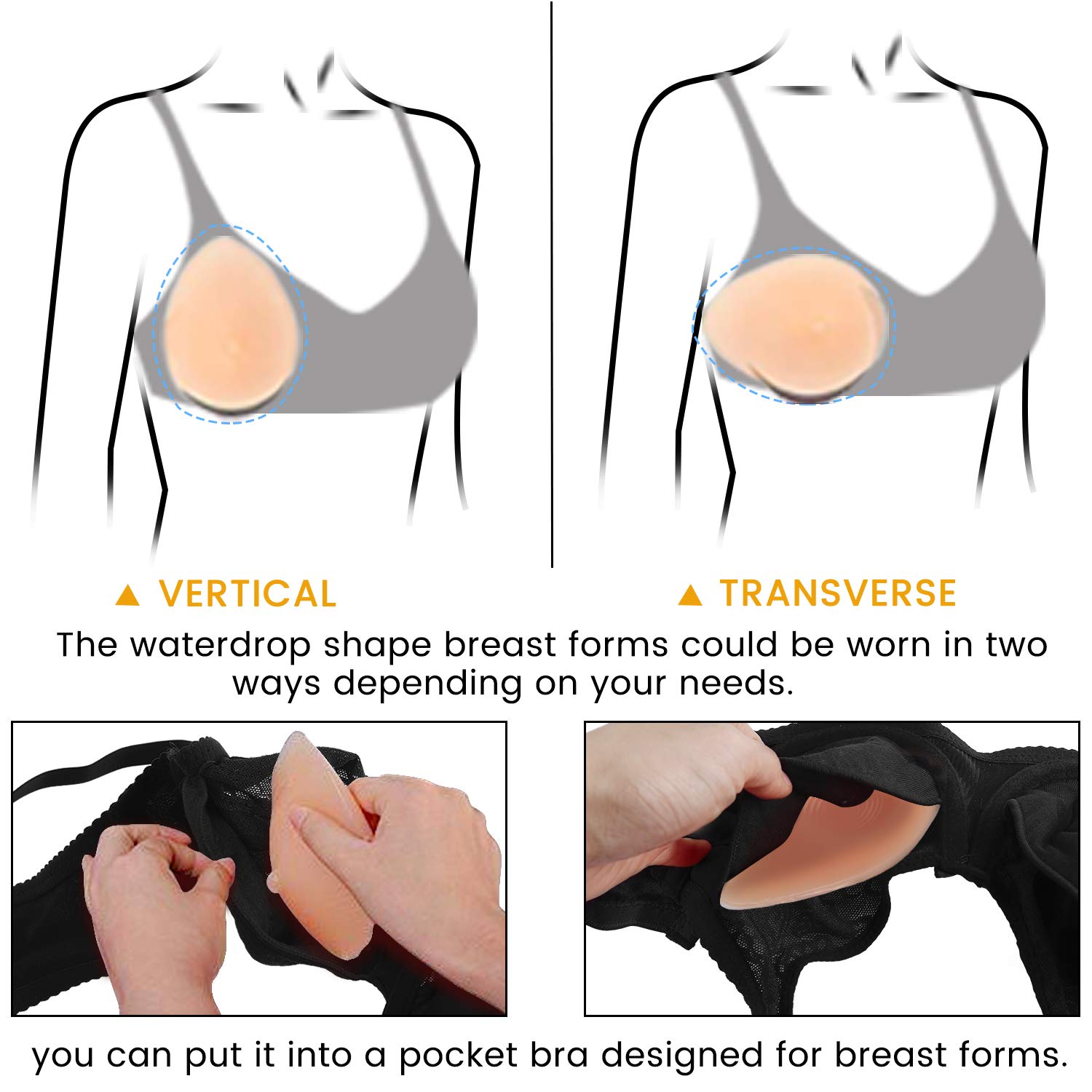 Vollence One Piece C+ Cup Teardrop Silicone Breast Forms Mastectomy Fake Boobs Bra Enhancer Inserts Concave Bra Pads - Nude