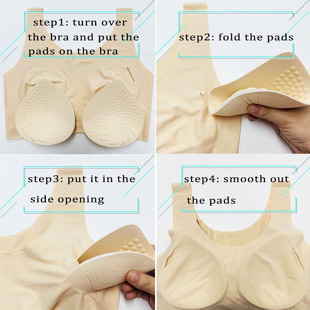 PRETTYWELL Bra Pads Inserts, 2 Pairs Latex Bras Inserts for Sports Bras, Bra Cups Inserts for Bikini Tops (Beige, S)