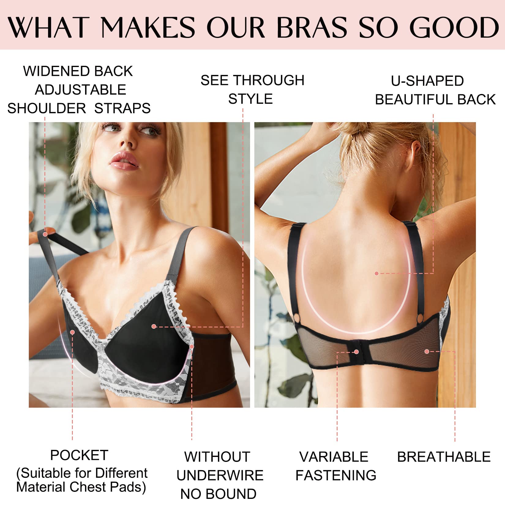 Vollence See Through Mastectomy Bra Silicone Breast Forms Pocket Bra Fake Prosthesis Crossdresser Black