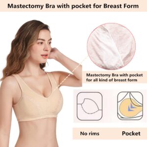 Mastectomy Bra for Womens Front Closure Cotton with Pocket for Prosthesis Silicone Breast Form Beige