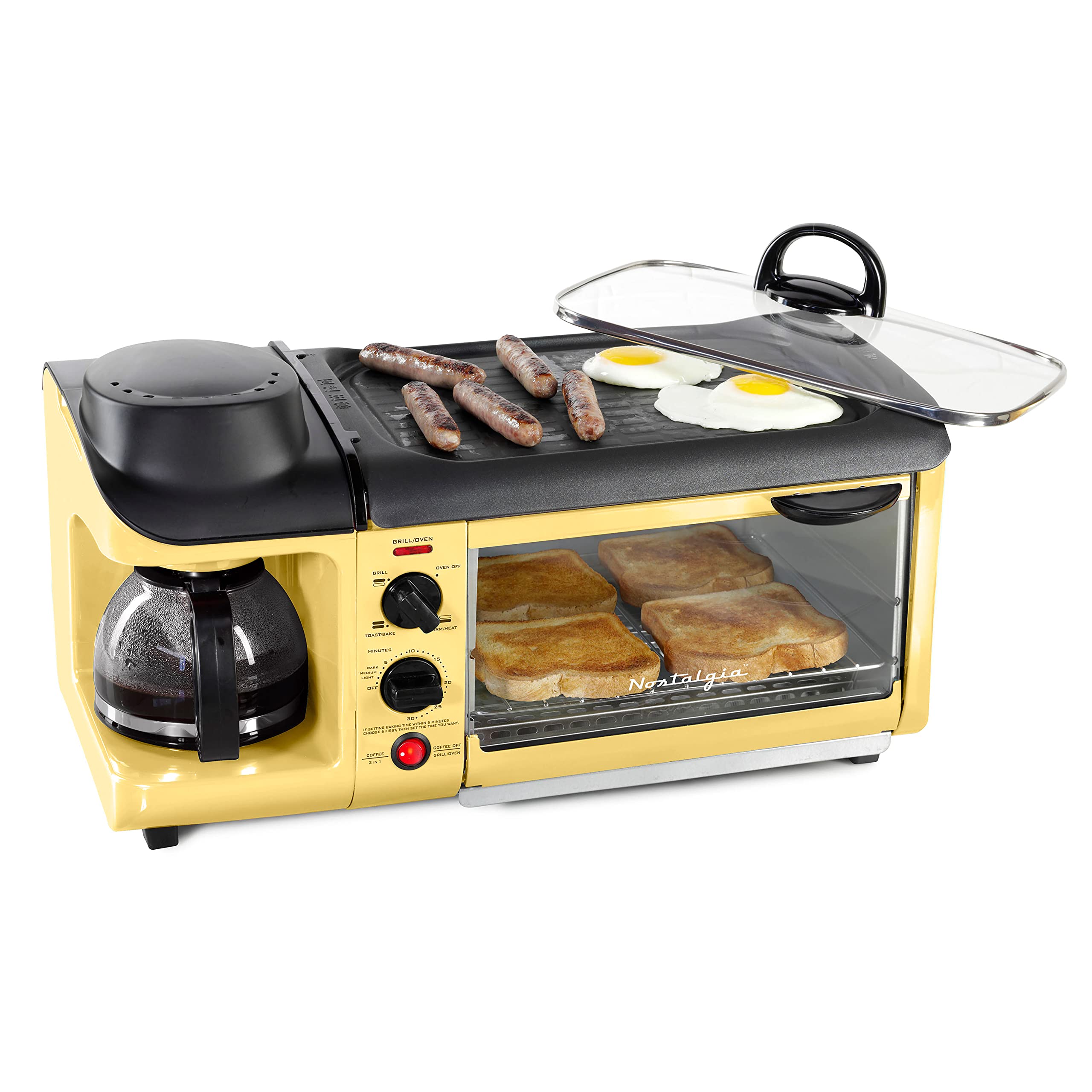 Nostalgia 3-in-1 Breakfast Station - Includes Coffee Maker, Non-Stick Griddle, and 4-Slice Toaster Oven - Versatile Breakfast Maker with Timer - Yellow