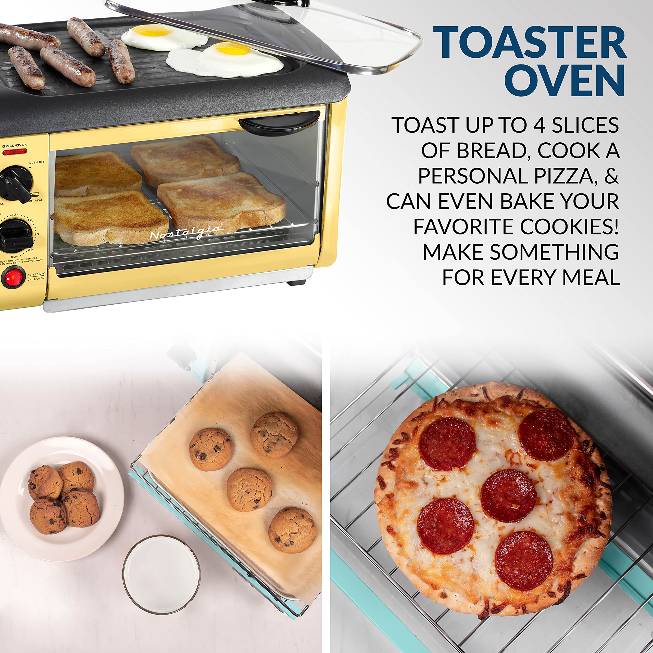 Nostalgia 3-in-1 Breakfast Station - Includes Coffee Maker, Non-Stick Griddle, and 4-Slice Toaster Oven - Versatile Breakfast Maker with Timer - Yellow