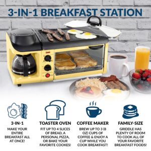 Nostalgia 3-in-1 Breakfast Station - Includes Coffee Maker, Non-Stick Griddle, and 4-Slice Toaster Oven - Versatile Breakfast Maker with Timer - Yellow