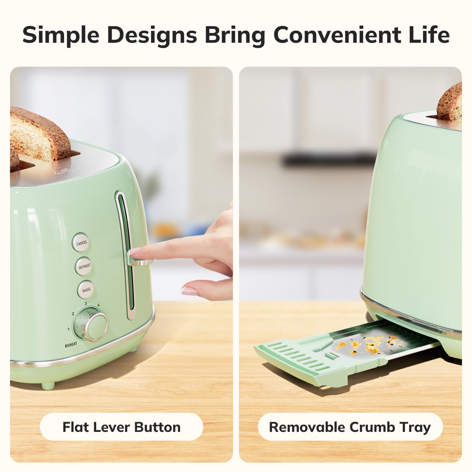 2 Slice Toaster Retro Stainless Steel Toaster with Bagel, Cancel, Defrost Function and 6 Bread Shade Settings Bread Toaster, Extra Wide Slot and Removable Crumb Tray (Green)