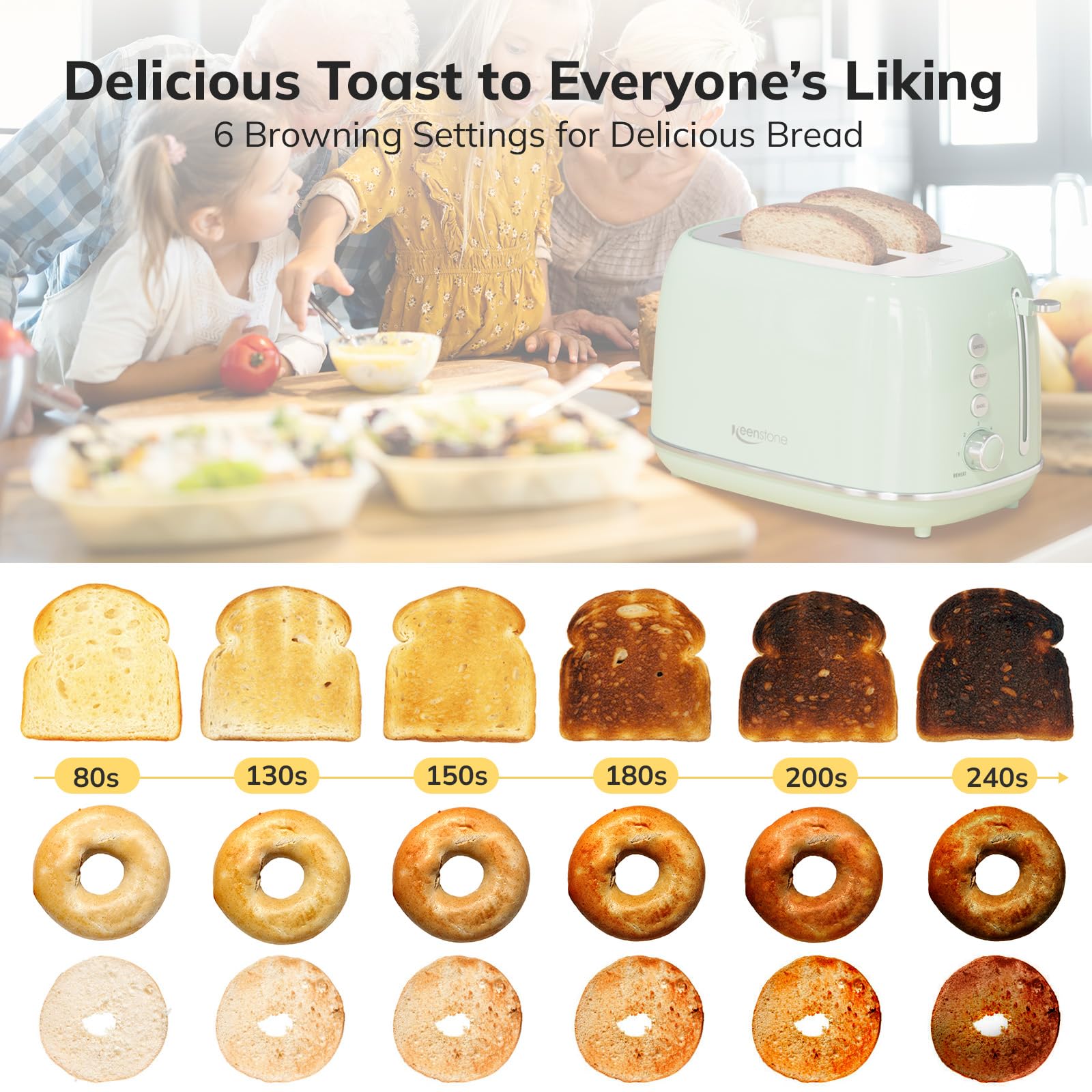 2 Slice Toaster Retro Stainless Steel Toaster with Bagel, Cancel, Defrost Function and 6 Bread Shade Settings Bread Toaster, Extra Wide Slot and Removable Crumb Tray (Green)