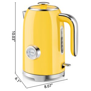 SUSTEAS Electric Kettle - 57oz Hot Tea Kettle Water Boiler with Thermometer, 1500W Fast Heating Stainless Steel Tea Pot, Cordless with LED Indicator, Auto Shut-Off & Boil Dry Protection, Retro Yellow