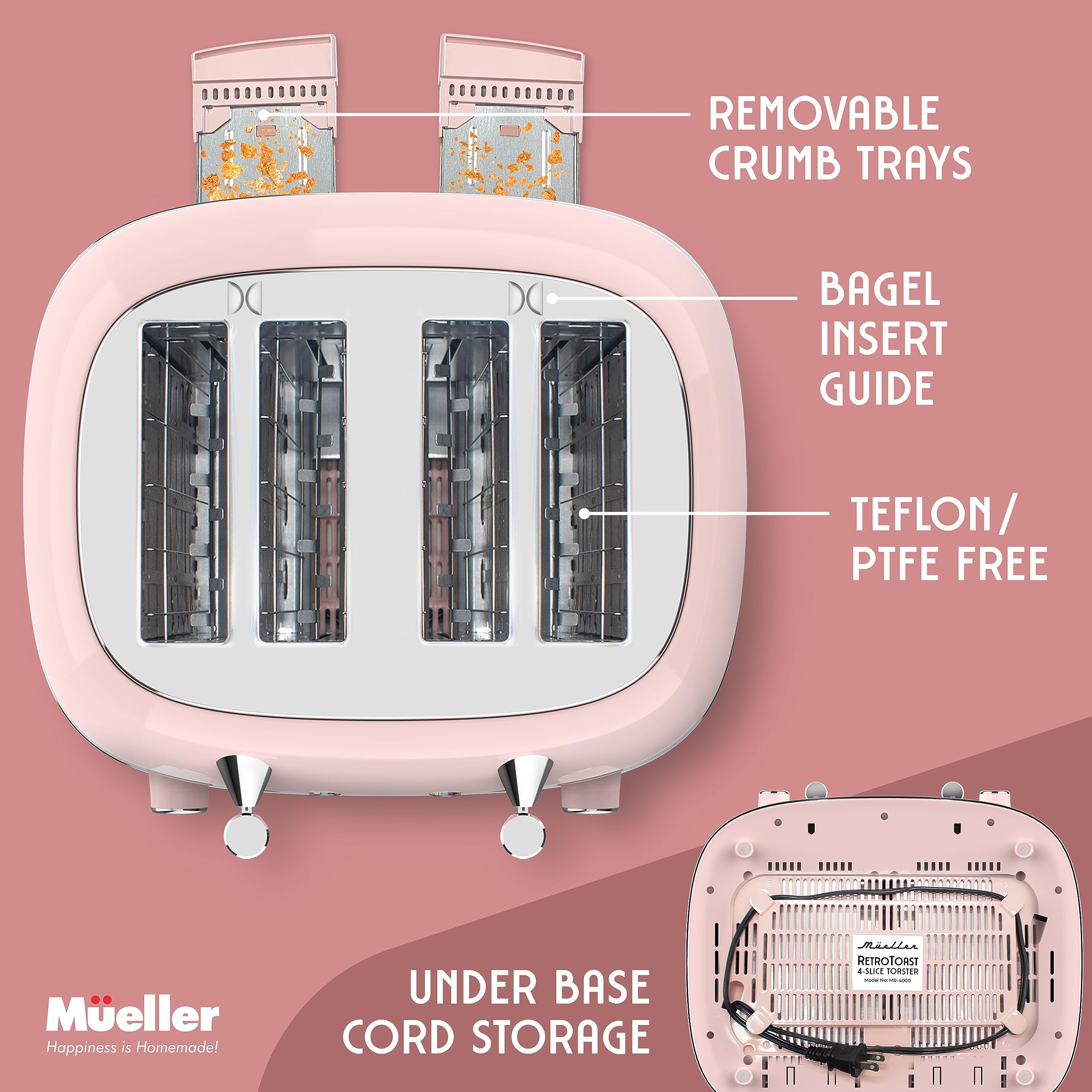 Mueller Retro Toaster 4 Slice with Extra Wide Slots Bagel, Defrost, and Cancel Function, 6 Browning Levels, Dual Independent Controls, Removable Crumb Tray and High Lift Levers, Pink