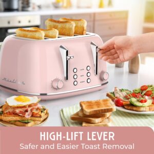 Mueller Retro Toaster 4 Slice with Extra Wide Slots Bagel, Defrost, and Cancel Function, 6 Browning Levels, Dual Independent Controls, Removable Crumb Tray and High Lift Levers, Pink