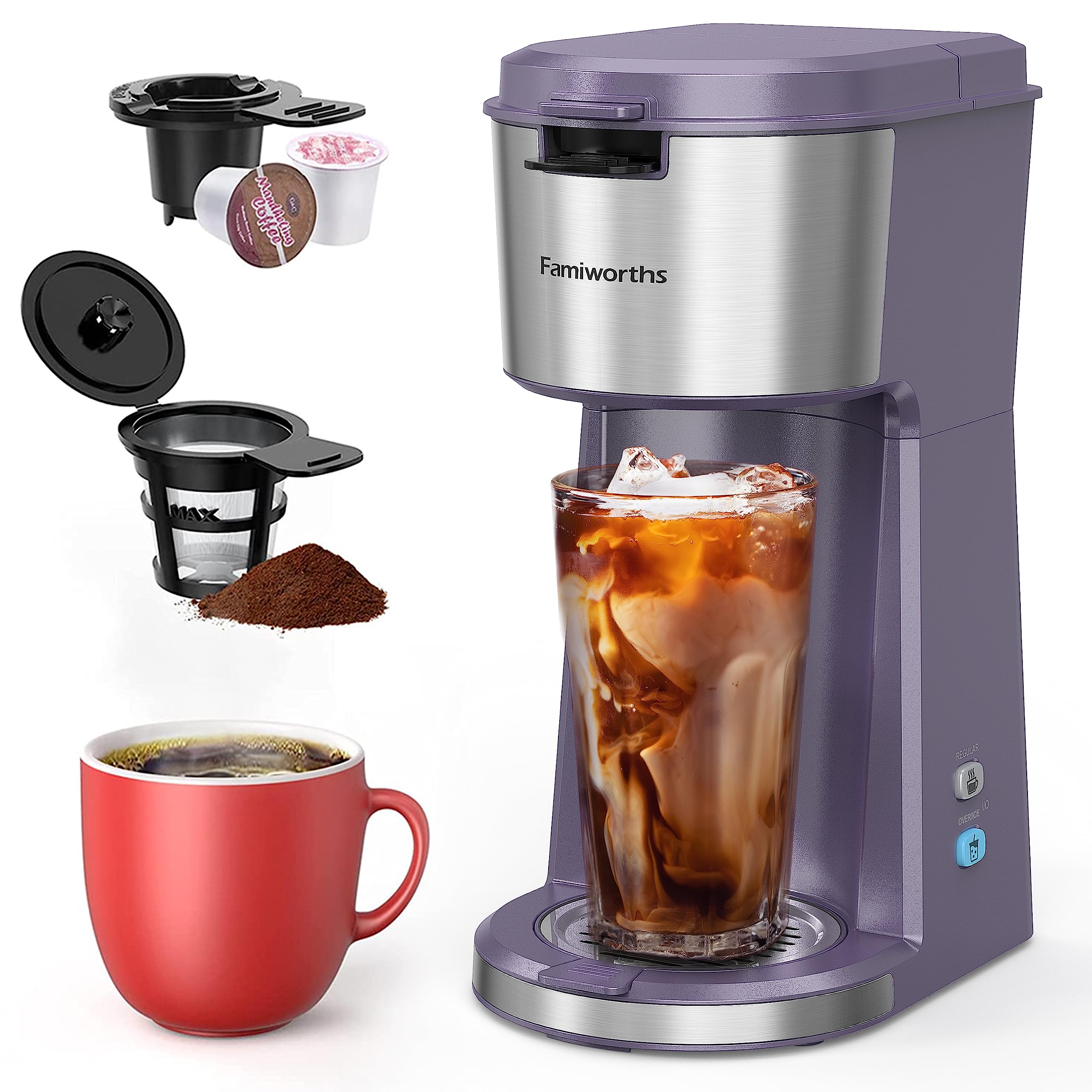 Famiworths Iced Coffee Maker, Hot and Cold Coffee Maker Single Serve for K Cup and Ground, with Descaling Reminder and Self Cleaning, Iced Coffee Machine for Home, Office and RV, Lavender