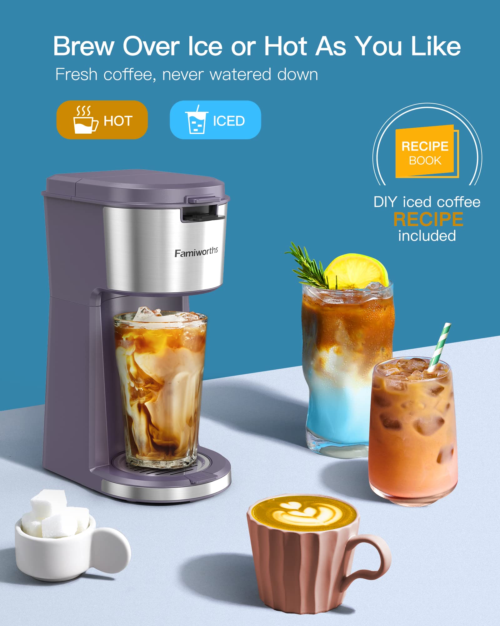 Famiworths Iced Coffee Maker, Hot and Cold Coffee Maker Single Serve for K Cup and Ground, with Descaling Reminder and Self Cleaning, Iced Coffee Machine for Home, Office and RV, Lavender