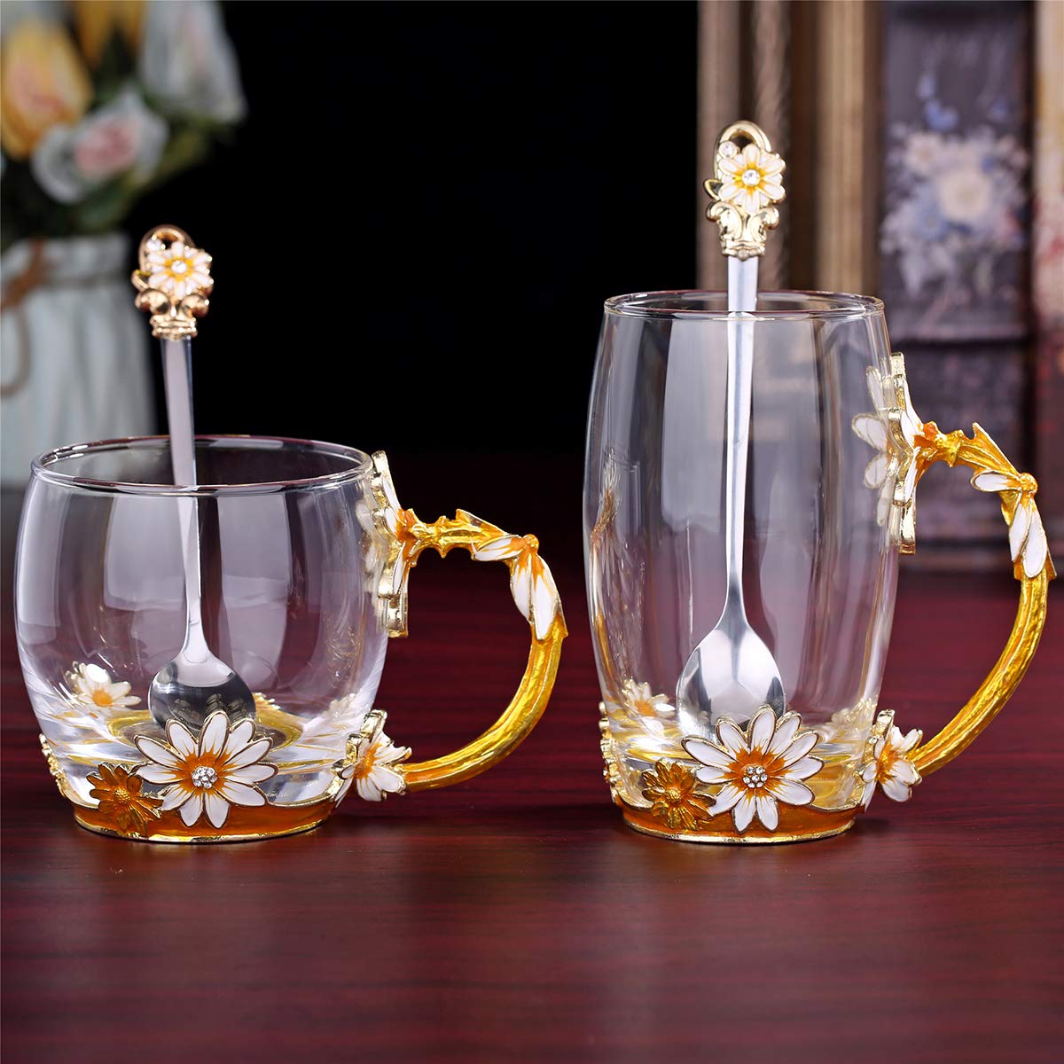 Glass Tea Mug, Mother's Day Gifts, Handmade Enamel Daisy Flower Coffee Cup Set with Handle, Unique Valentine's Day Birthday Gift Idea for Women, Christmas New Year Party Supplies - 12oz Gold