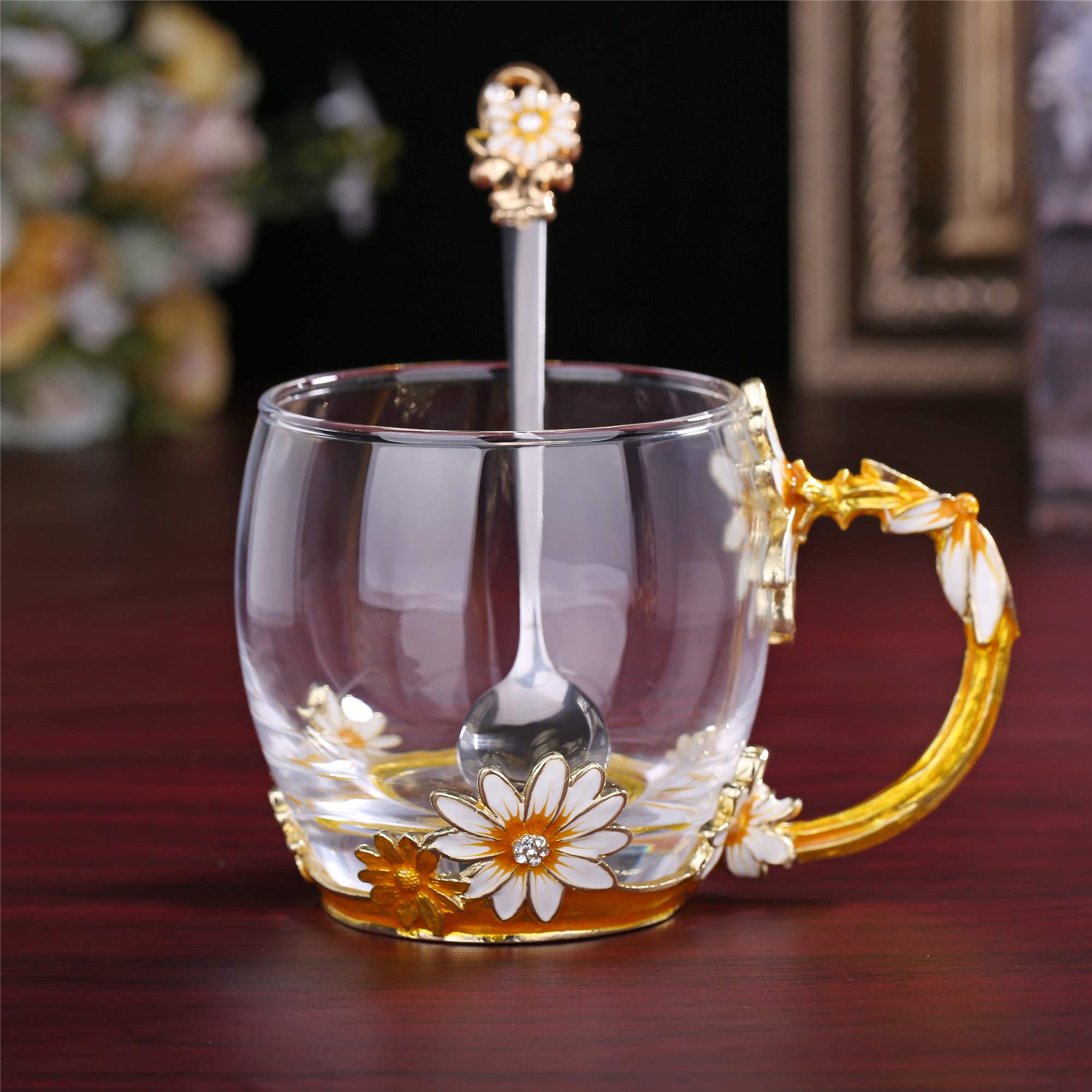 Glass Tea Mug, Mother's Day Gifts, Handmade Enamel Daisy Flower Coffee Cup Set with Handle, Unique Valentine's Day Birthday Gift Idea for Women, Christmas New Year Party Supplies - 12oz Gold