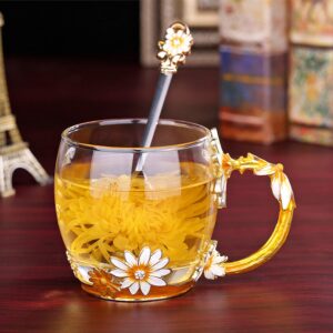 Glass Tea Mug, Mother's Day Gifts, Handmade Enamel Daisy Flower Coffee Cup Set with Handle, Unique Valentine's Day Birthday Gift Idea for Women, Christmas New Year Party Supplies - 12oz Gold