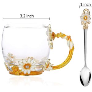 Glass Tea Mug, Mother's Day Gifts, Handmade Enamel Daisy Flower Coffee Cup Set with Handle, Unique Valentine's Day Birthday Gift Idea for Women, Christmas New Year Party Supplies - 12oz Gold