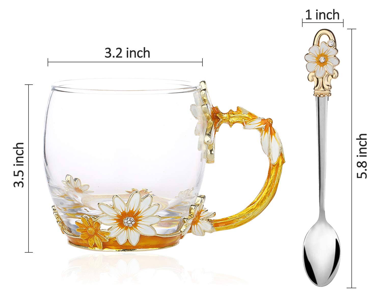 Glass Tea Mug, Mother's Day Gifts, Handmade Enamel Daisy Flower Coffee Cup Set with Handle, Unique Valentine's Day Birthday Gift Idea for Women, Christmas New Year Party Supplies - 12oz Gold