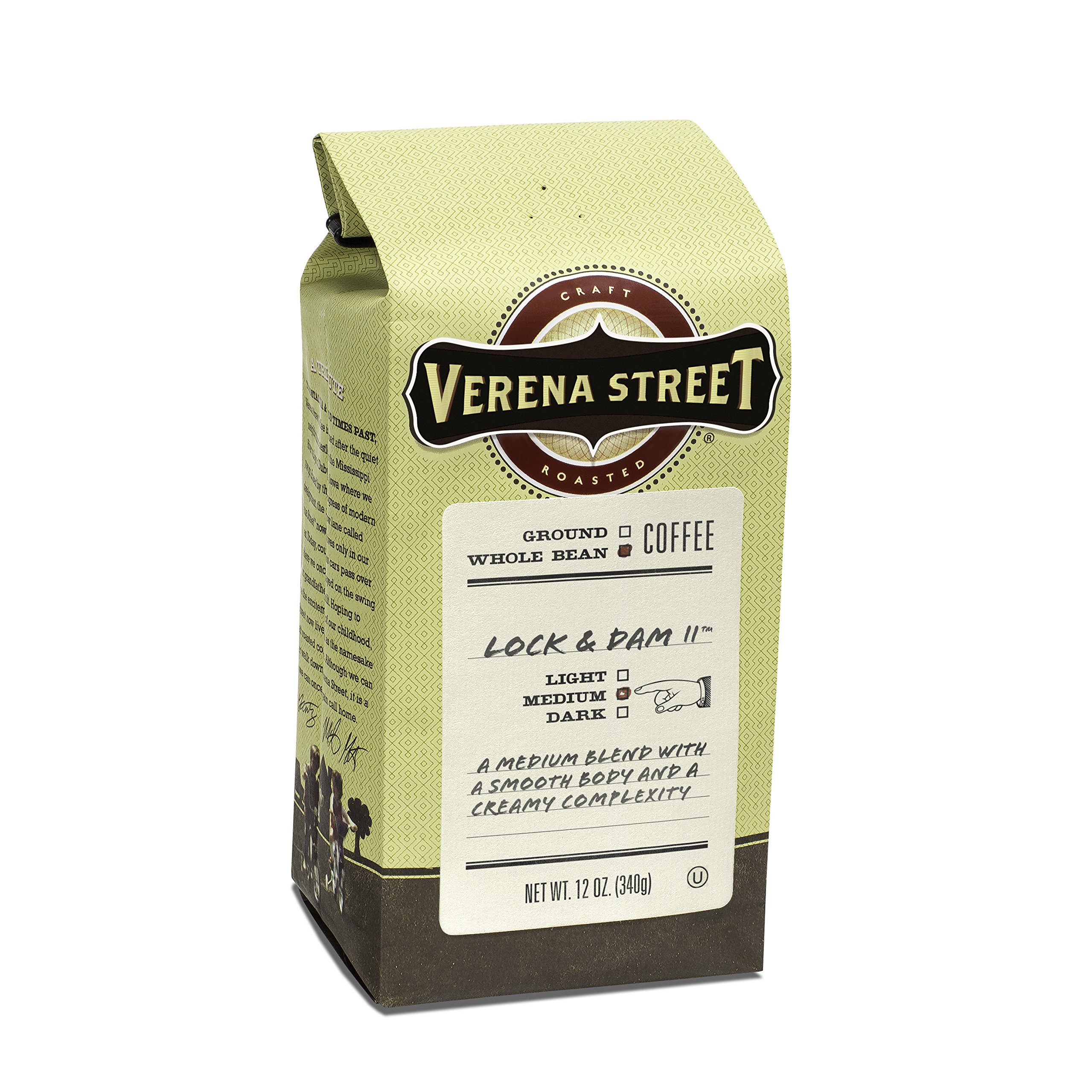 Verena Street 12 Ounce Whole Bean Coffee, Light Medium Roast, Lock & Dam 11, Rainforest Alliance Certified Arabica Coffee