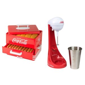 Nostalgia Extra Large Diner-Style Coca-Cola Hot Dog Steamer and Bun Warmer (24 Hot Dog and 12 Bun Capacity) and Nostalgia Two-Speed Electric Coca-Cola Limited Edition Milkshake Maker and Drink Mixer