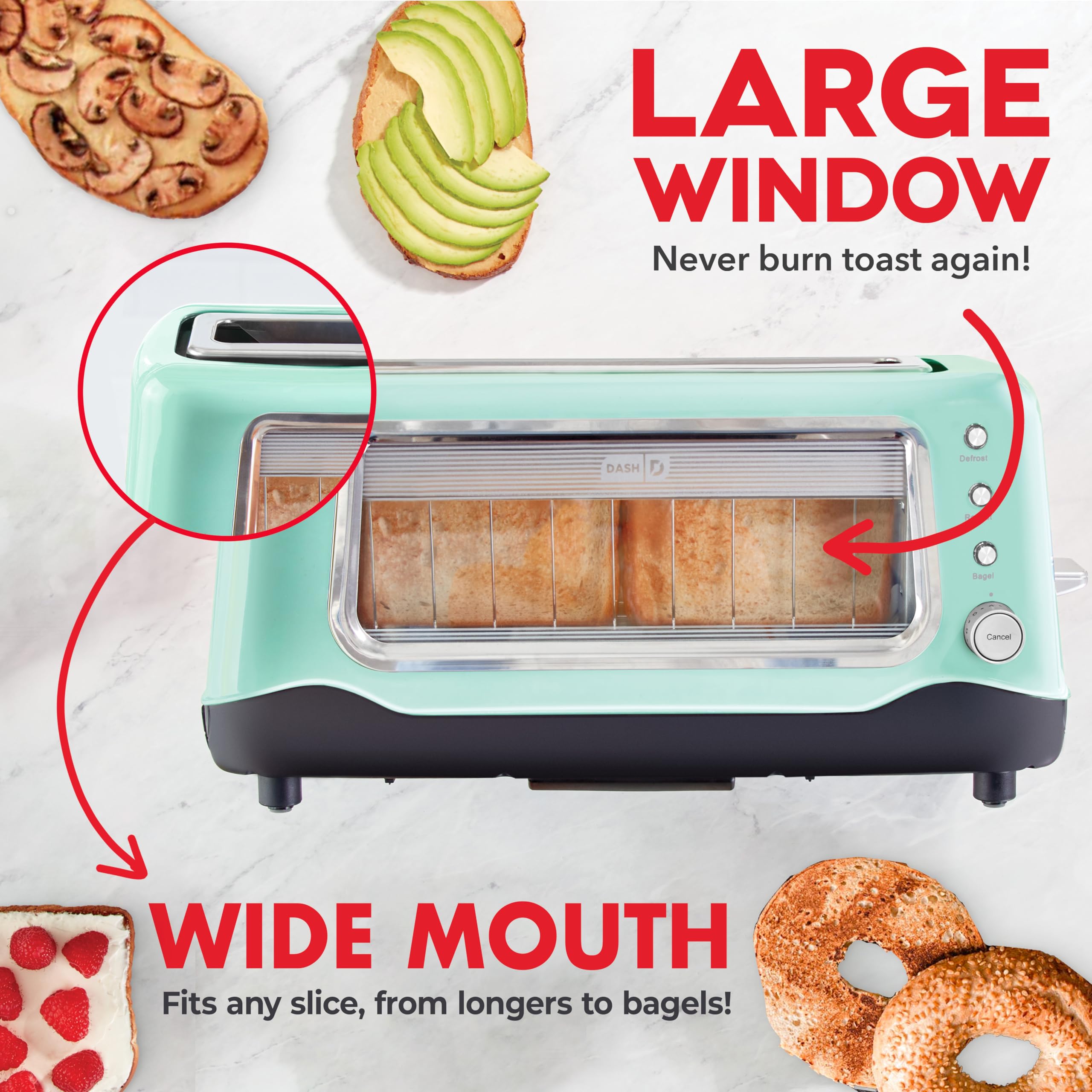 DASH Clear View Toaster - Compact Design with 7 Browning Levels & Clear-View Window, Extra-Wide Slot Large Toaster, 1-Touch Defrost, Reheat & Bagel Functions - Easy Clean Up Crumb Tray (Aqua)