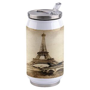 14oz Stainless Steel Tumbler with Lid & Straw-Double Wall Vacuum Insulated Travel Mug,Retro Eiffel Paris Tower Pattern Water Bottle Coffee Beverage Drinks Cup for Adults Kids