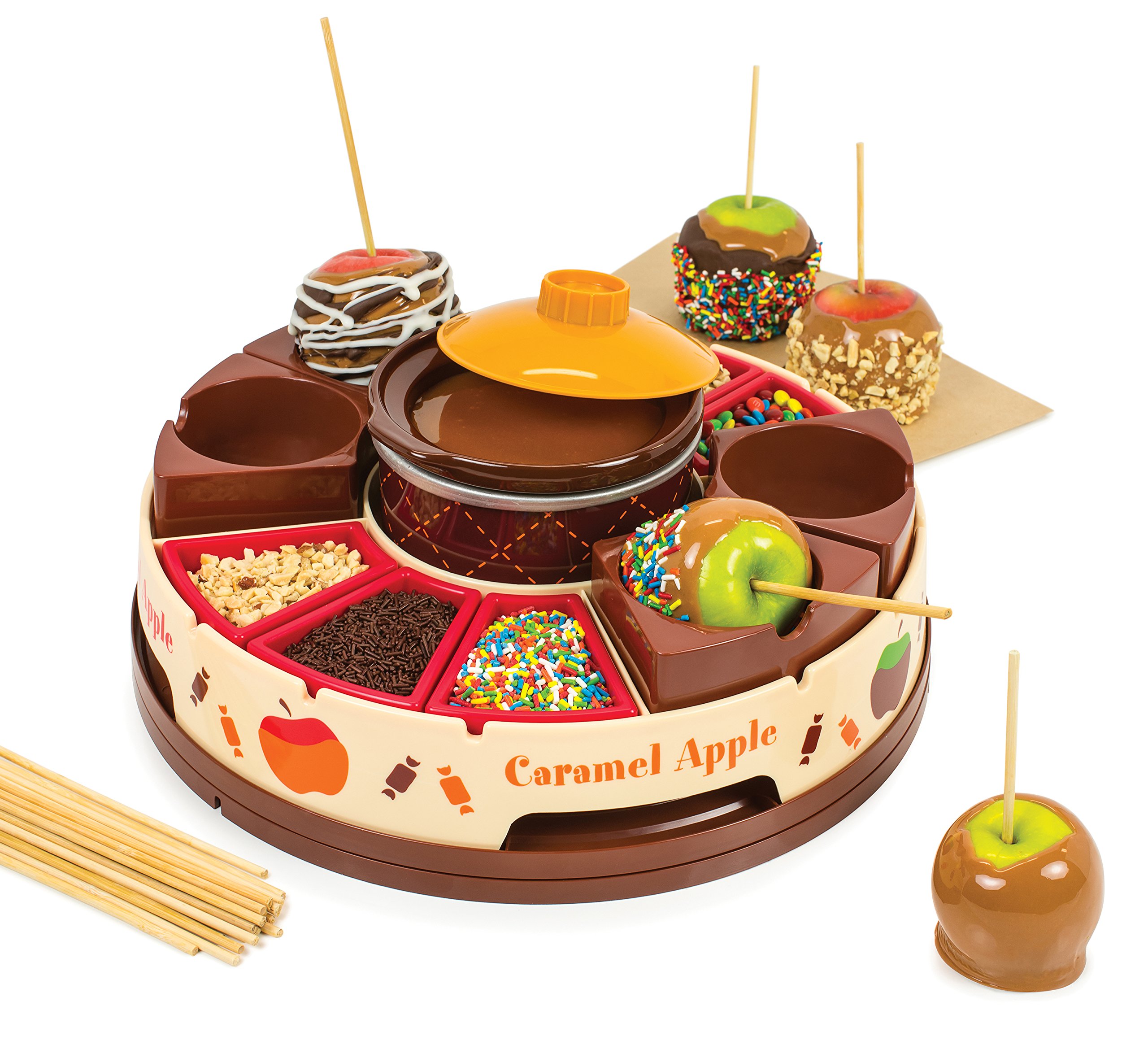 Nostalgia CCA5 Lazy Susan Chocolate & Caramel Apple Party with Heated Fondue Pot, 25 Sticks, Decorating and Toppings Trays