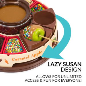 Nostalgia CCA5 Lazy Susan Chocolate & Caramel Apple Party with Heated Fondue Pot, 25 Sticks, Decorating and Toppings Trays