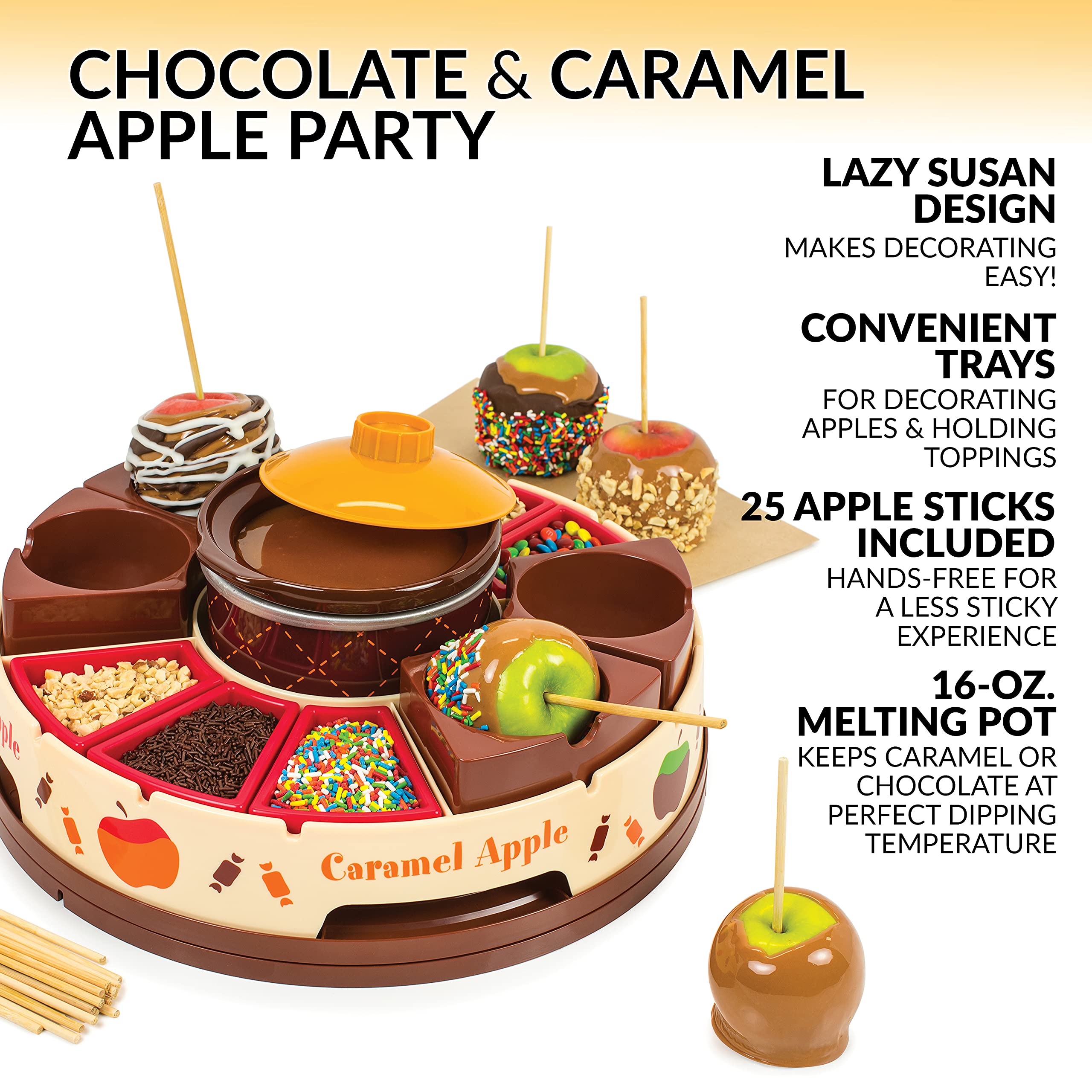 Nostalgia CCA5 Lazy Susan Chocolate & Caramel Apple Party with Heated Fondue Pot, 25 Sticks, Decorating and Toppings Trays