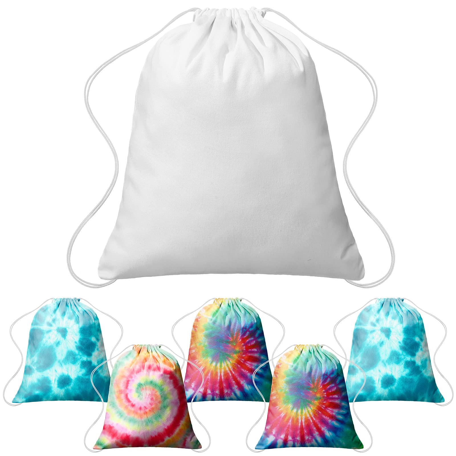 Saintrygo 6 Pieces Tie Dye Cotton Drawstring Bags Drawstring Tote Backpack Items to Tie Dye DIY Birthday Party Favor Bags (White)