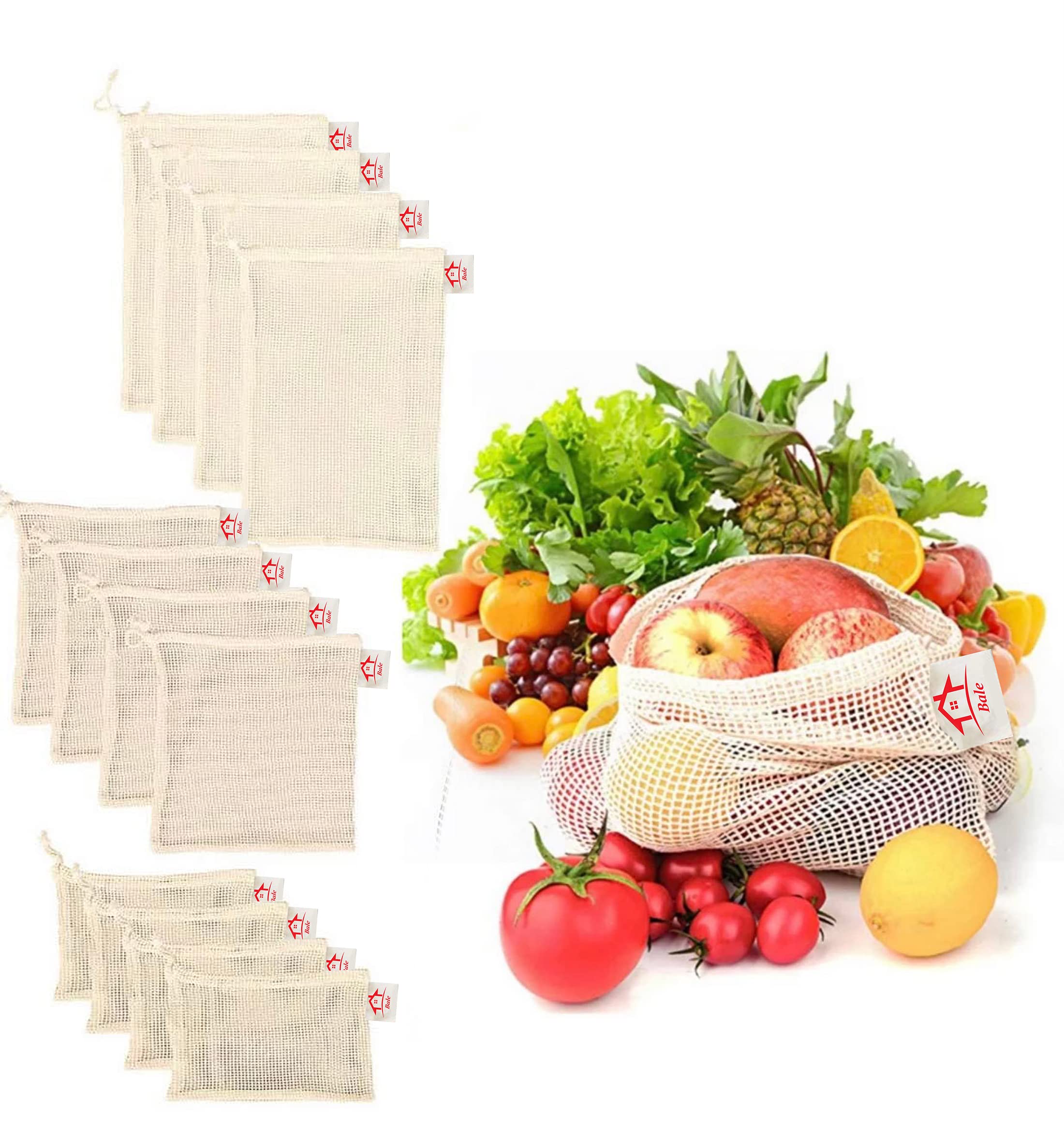 BaLe Set of 12 Reusable Produce Bag,Washable Reusable Organic Net Laundry Cotton Mesh Bag,Drawstring Bags for Grocery & Storage
