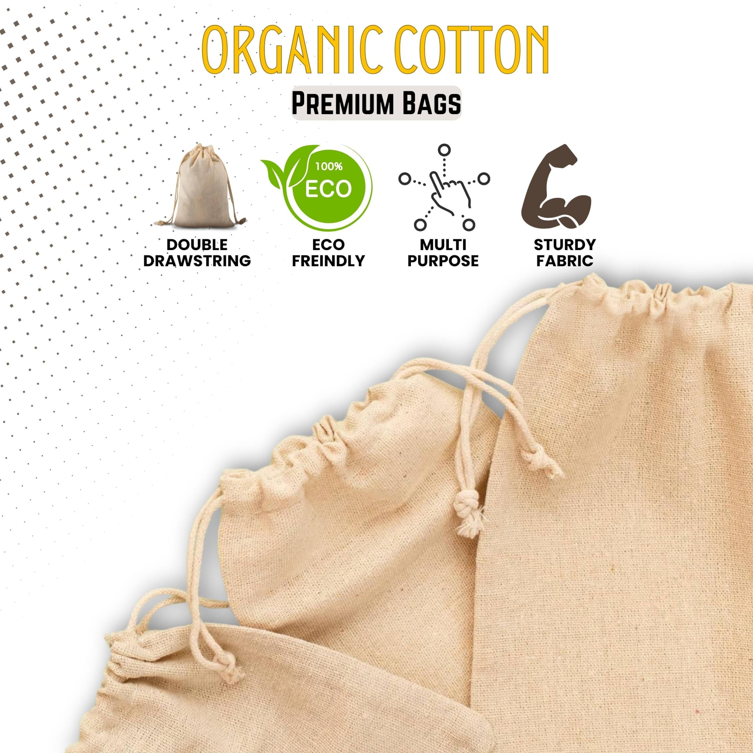 ecogreentextiles 18x20 in 100 pcs Organic Cotton Muslin Bags with Drawstrings - 100% Natural Cotton Bags, Washable, Biodegradable, Food Safe - Ideal for Shopping, Storage, Spices, Crafts