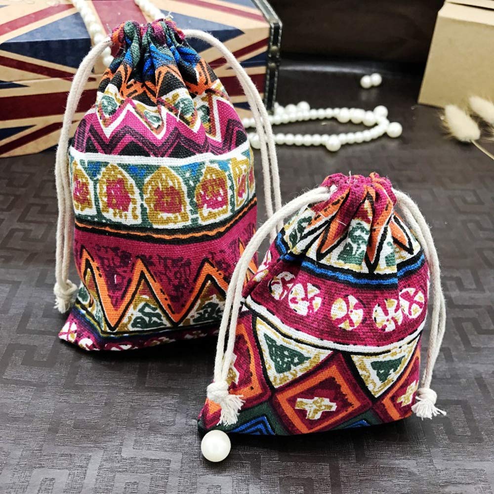 HOUTBY 50Pcs Ethnic Style Cotton Linen Jewelry Coin Pouch with Drawstring Party Wedding Christmas Favor Gift Bags Candy Earrings Jewelry Bags Sachet