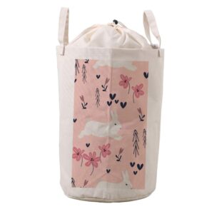 Laundry Bag Tote Cute Rabbits Flowers Pink Handles Large Capacity Cotton Linen Durable Drawstring Top Closure Lid Waterproof Storage Dirty Clothes Basket