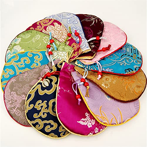 Cotton Filled Drawstring Small Bags for Jewelry Gift Pouch Packaging Chinese Silk Brocade Jewelry Pouch Thicken Luxury Jewellery Storage Bag (10, Mixed Color)