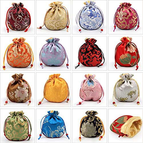 Cotton Filled Drawstring Small Bags for Jewelry Gift Pouch Packaging Chinese Silk Brocade Jewelry Pouch Thicken Luxury Jewellery Storage Bag (10, Mixed Color)