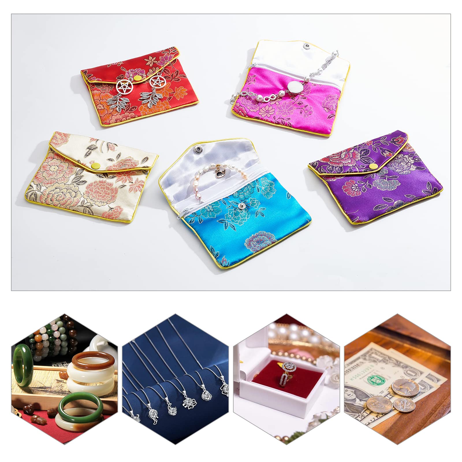 NBEADS 10 Pcs Silk Jewelry Pouch with Zipper, 4"×5" Chinese Silk Pouches Travel Jewelry Pouch Small Zippered Jewelry Pouches Asian Jewelry Pouch for Traveling Jewelry, Wedding Gift Package