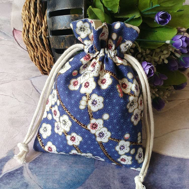 10pcs Extra Large Natural Cotton Jewelry Packaging Bags Drawstring Gift Pouches Chinese Printed Cloth Storage Pouch with lined (blue flower (10pcs))